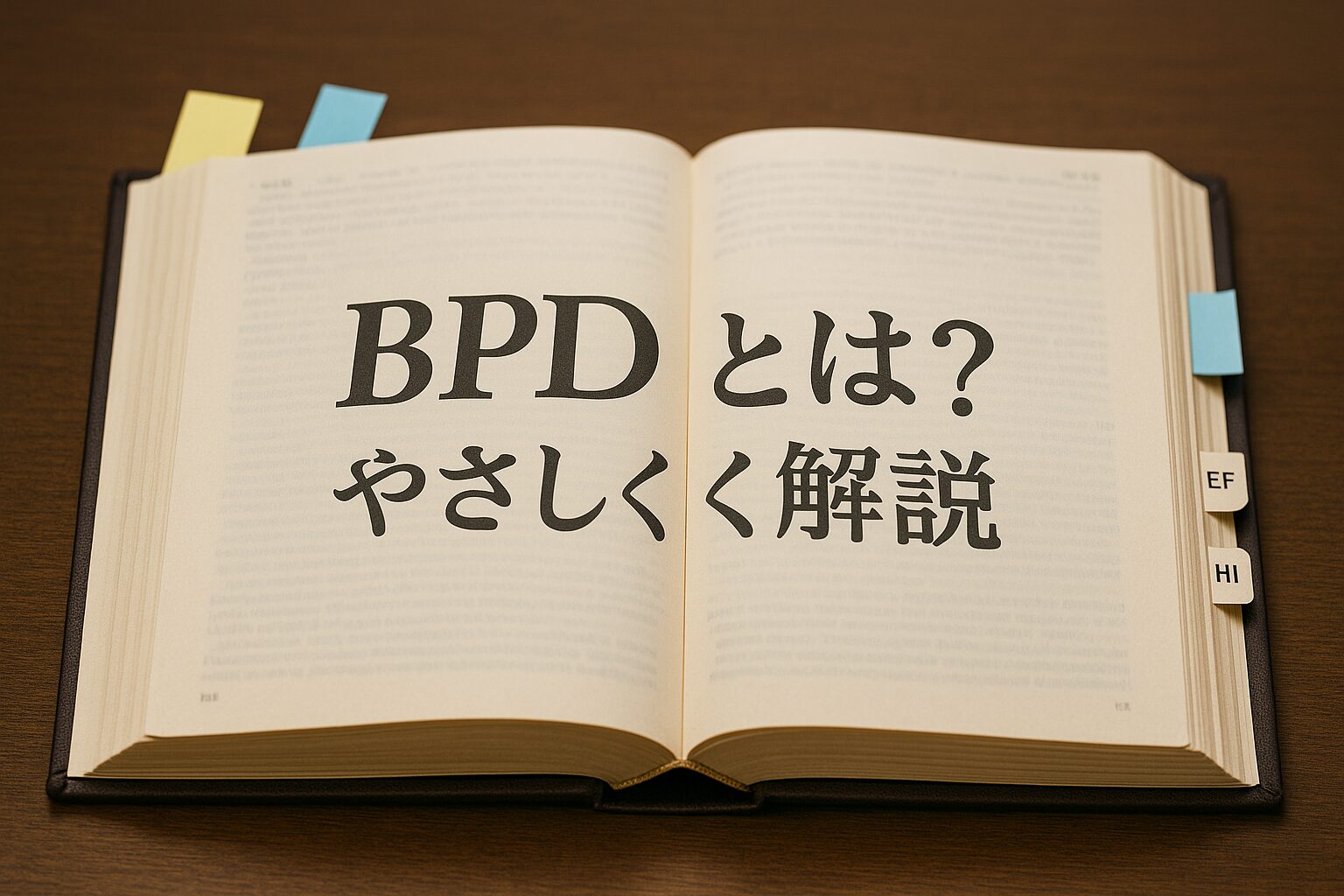辞書の見開きページに「BPDとは？やさしく解説」という文字が書かれている画像。クリーム色の紙と落ち着いた雰囲気が特徴のアイキャッチ画像