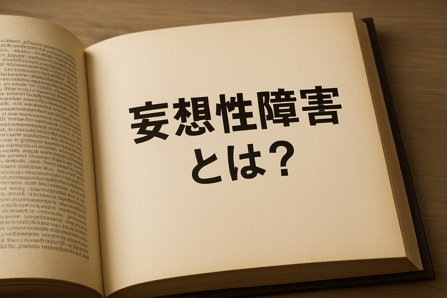 『妄想性障害とは？』というテーマに合わせた、開かれた縦長の日本語辞書の横長写真。疑いや不安の心理を辞書でひもとくイメージを演出。