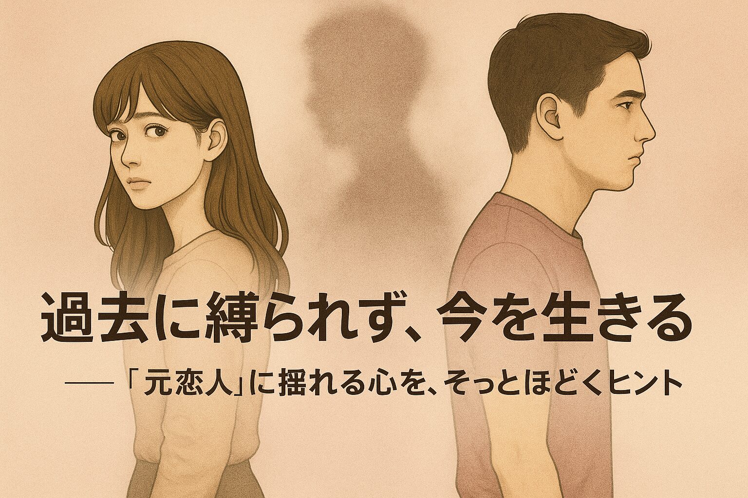背を向け合う男女と、間に漂う元恋人の影。振り返る女性と前を向く男性が、“過去”と“現在”の心のすれ違いを表現している、セピア調のデジタルイラスト。