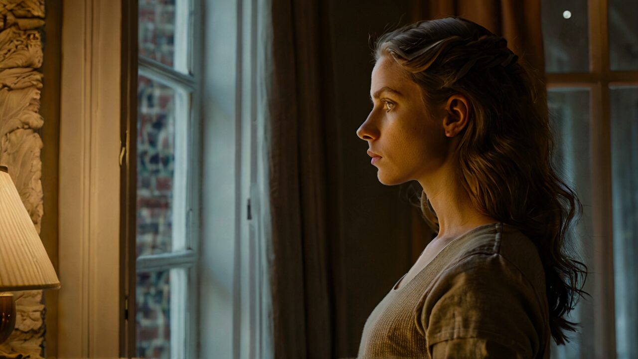 期待しないと決めたのに期待してしまう恋に疲れ、夜の部屋で窓の外を見つめる女性の横顔