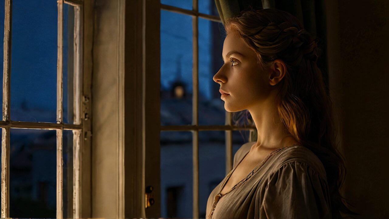 夜の部屋で窓の外を見つめながら、恋愛に疲れた気持ちを抱えて考え込む女性の横顔