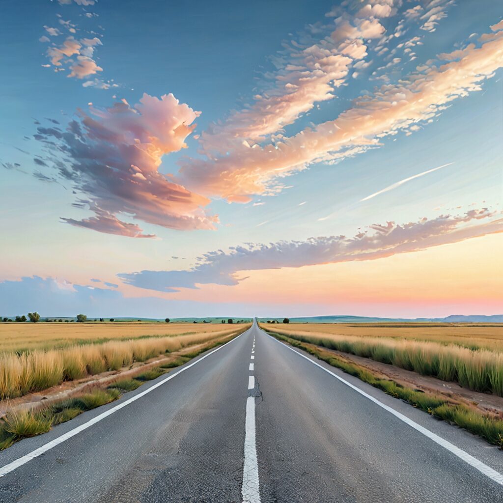 どこへ進むか決める前に、まっすぐ続く道の前で立ち止まる気持ちを表した風景