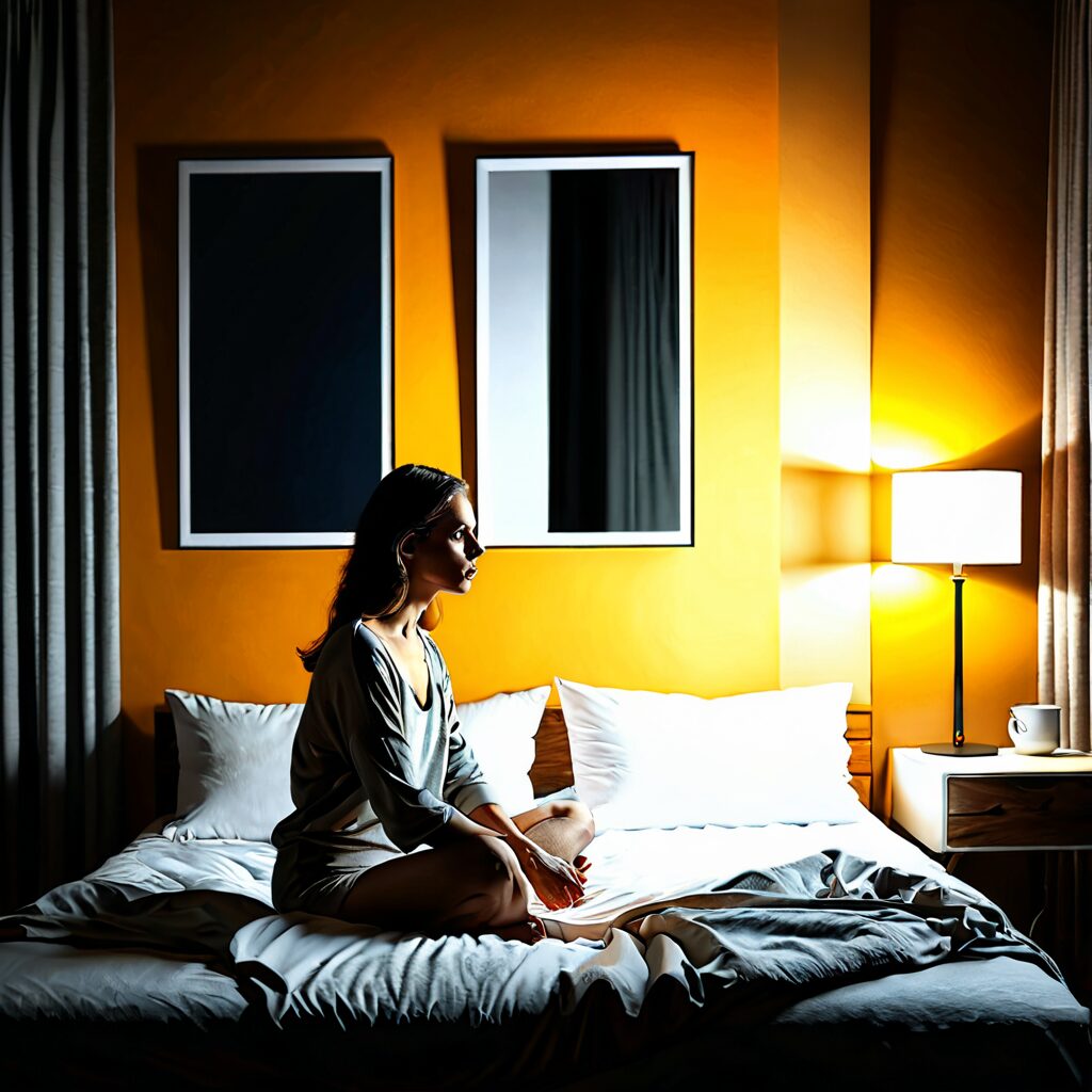 夜のベッドにひとり座り、期待と不安のあいだで気持ちが揺れている時間を表した室内の風景