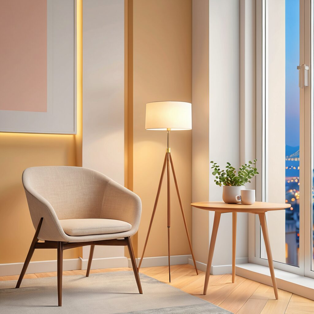 やさしい照明の部屋で、ひと息ついて立ち止まれる安心感を表した静かな室内の風景