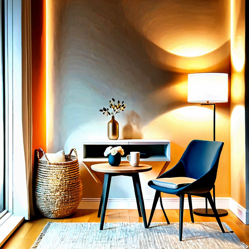 間接照明のある静かな部屋で、ひと息ついて気持ちを落ち着かせる時間を表した室内風景