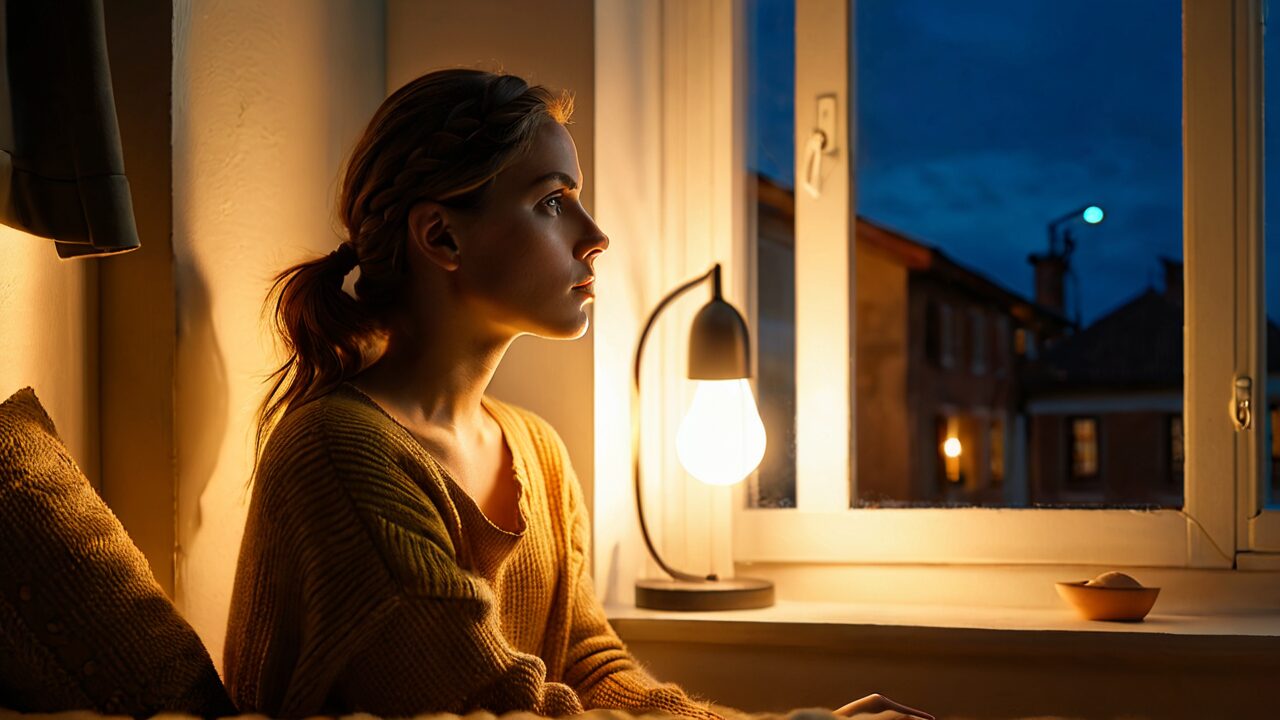 夜の部屋で窓の外を見つめながら、恋愛の不安が静かに大きくなる時間を過ごす女性の横顔