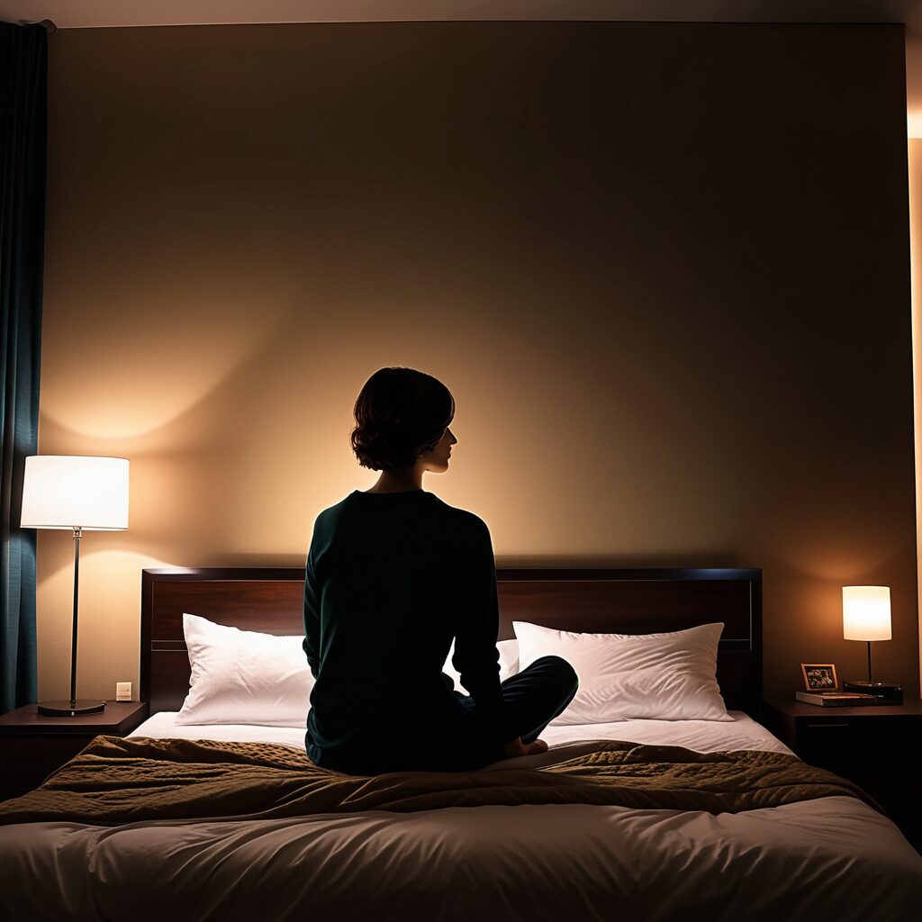 夜のベッドにひとり座り、眠れずに考えごとをしている静かな時間の後ろ姿