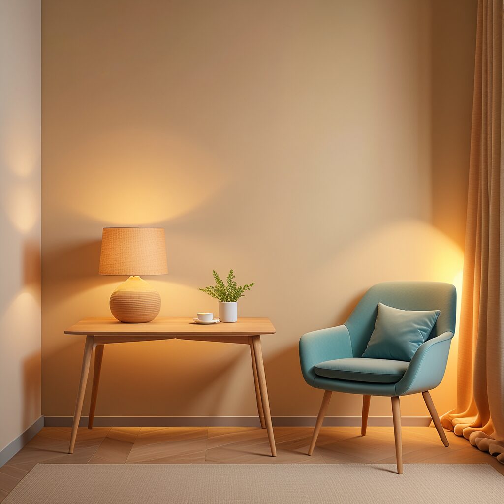 やさしい照明の部屋で、ひと息ついて立ち止まれる安心感を表した静かな室内の風景