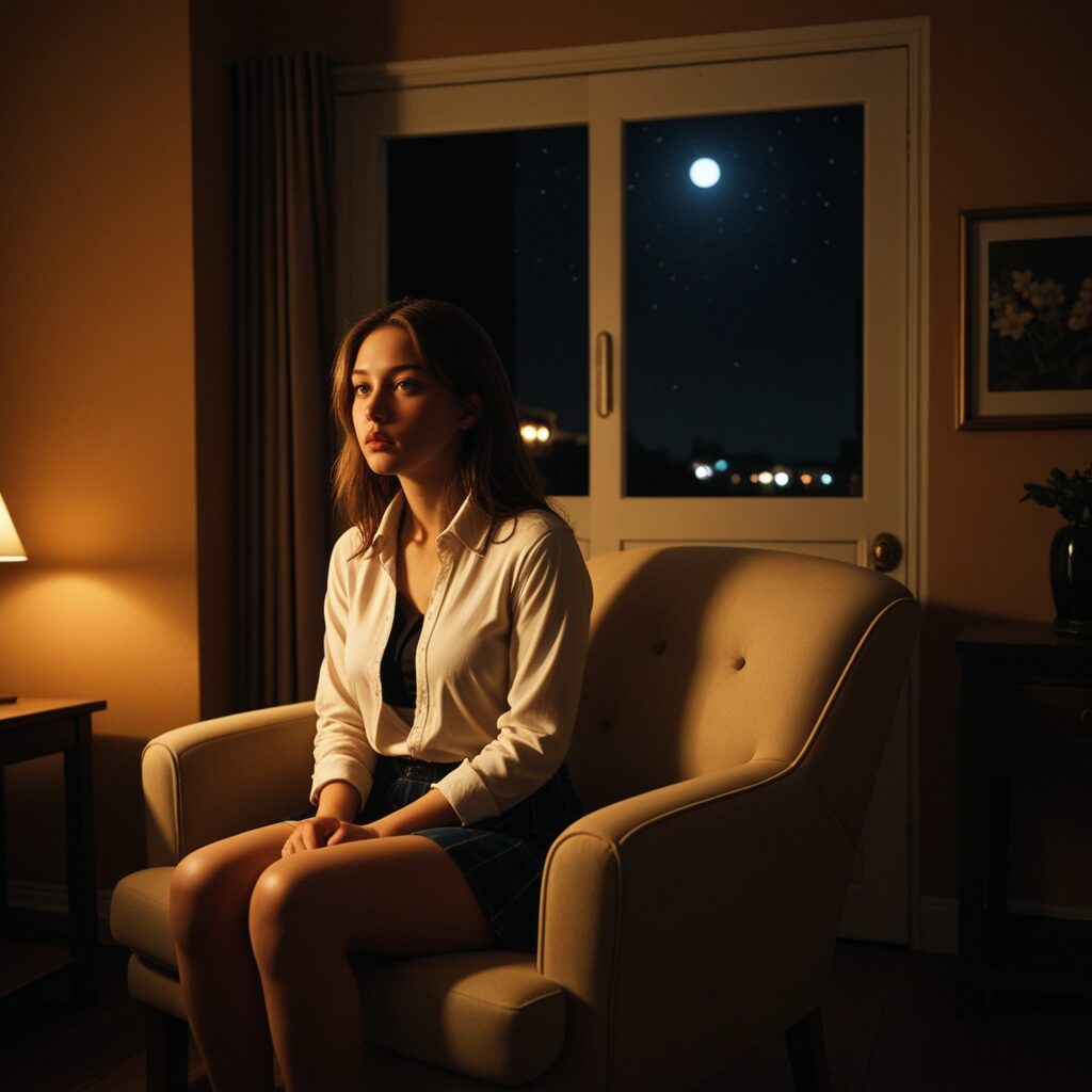 夜の部屋で、この恋を続けていいのか迷いながら一人座って考えている女性