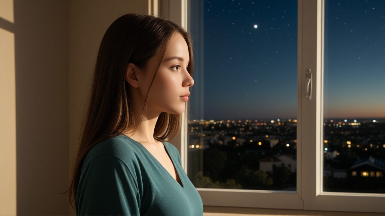 夜に一人で「この恋を続けていいのかな」と迷う女性の姿