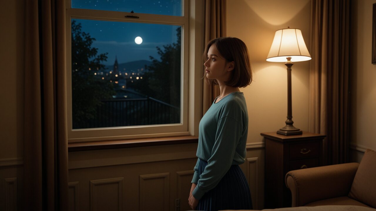 夜の部屋で窓の外を見つめながら、恋愛に疲れた気持ちを抱えて考え込む女性の横顔