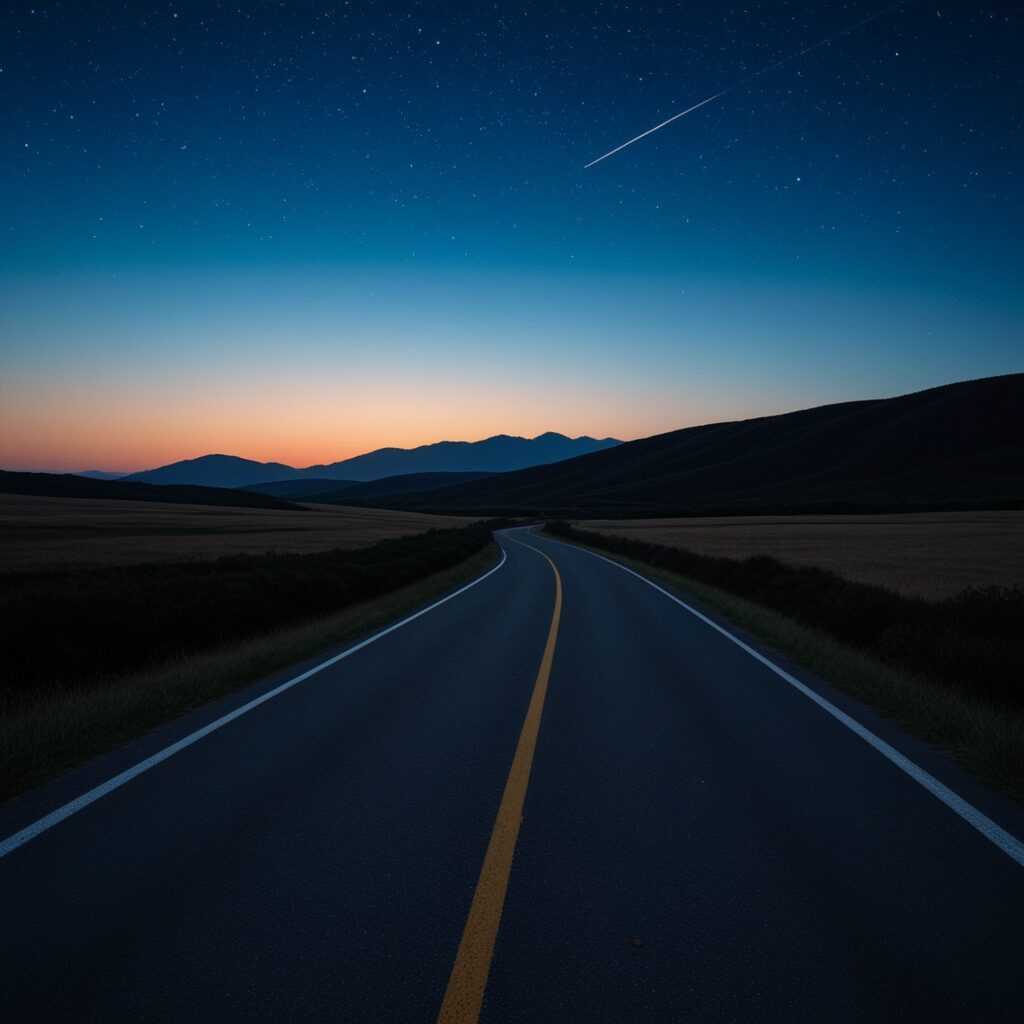 どこへ進むか決める前に、まっすぐ続く道の前で立ち止まる気持ちを表した風景