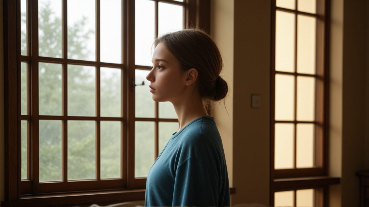 期待しないと決めたのに期待してしまう恋に疲れ、夜の部屋で窓の外を見つめる女性の横顔