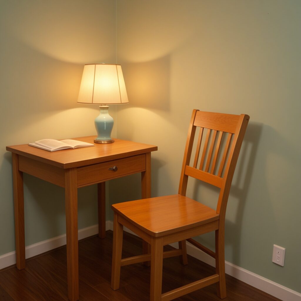 やさしい照明の部屋で、ひと息ついて立ち止まれる安心感を表した静かな室内の風景