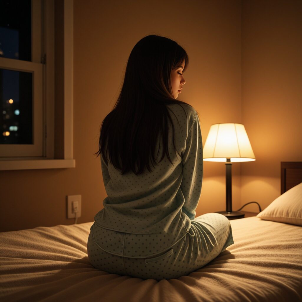 夜の部屋でベッドに座り、一人で恋のことを考え込む女性の後ろ姿