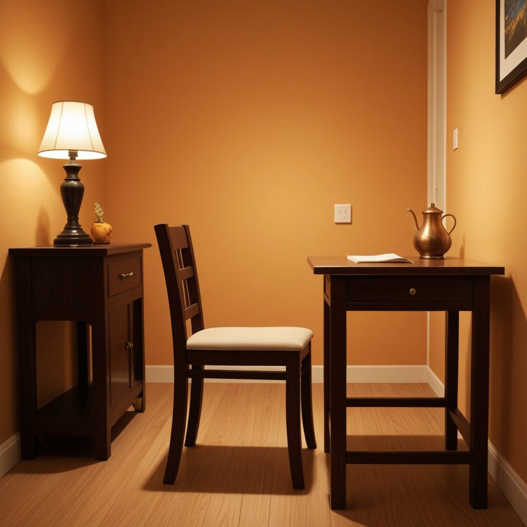 夜の静かな部屋に置かれた机と椅子が、ひとりで心を整える時間を表している