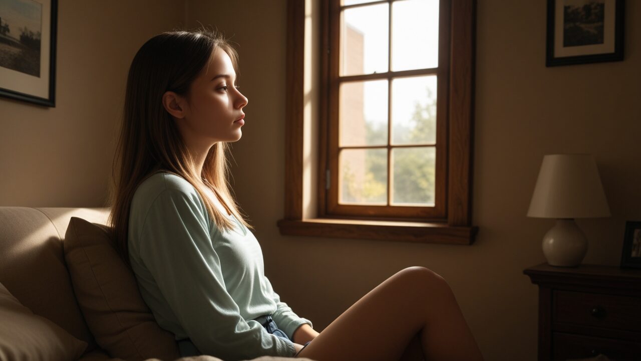 夜の部屋で窓の外を見つめながら、恋愛の不安が静かに大きくなる時間を過ごす女性の横顔