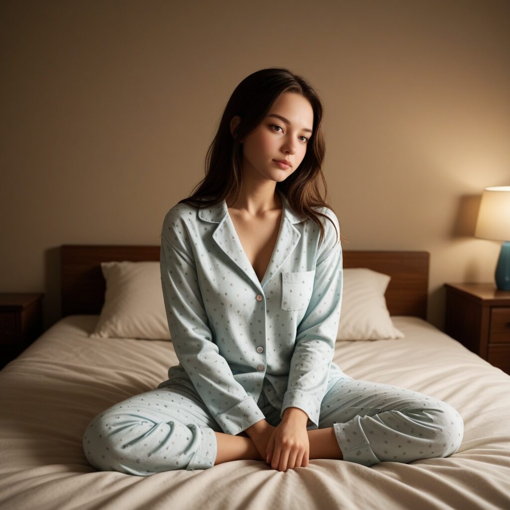 夜のベッドにひとり座り、眠れずに考えごとをしている静かな時間