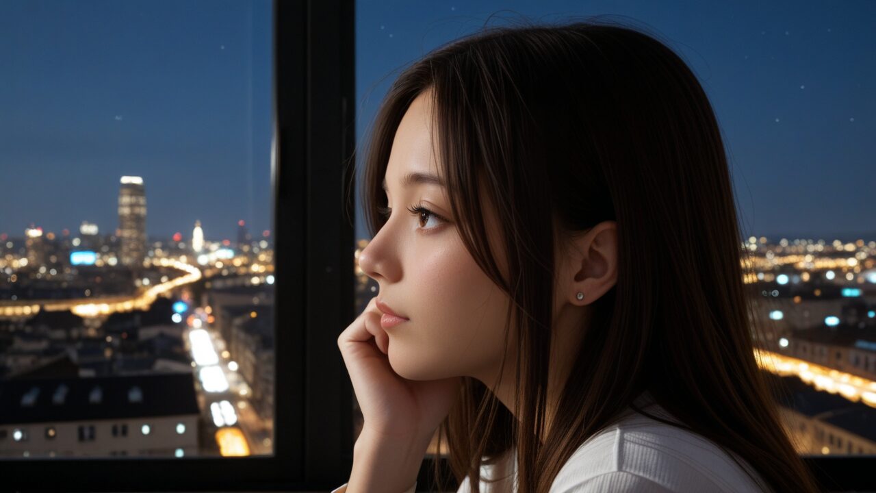 振り向いてくれない恋を諦めるべきか迷い、夜に一人で考える女性