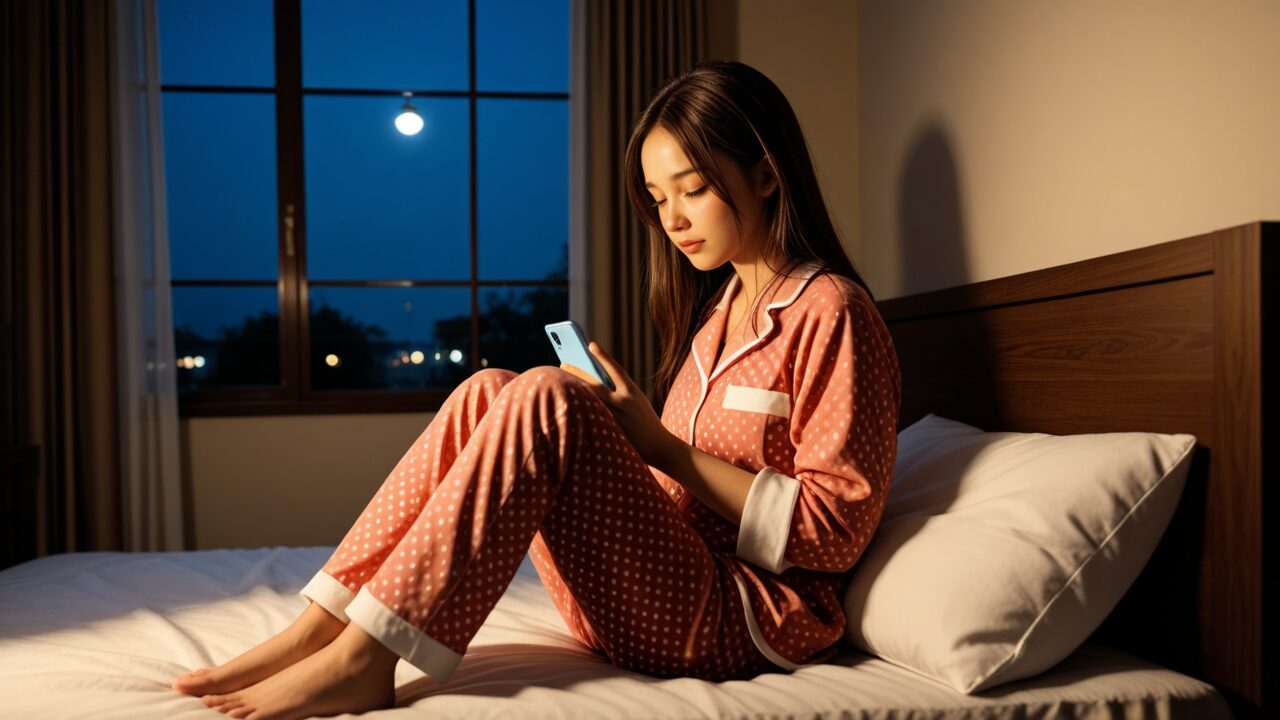振り向いてくれない恋に悩み夜ベッドでスマホを見つめる女性