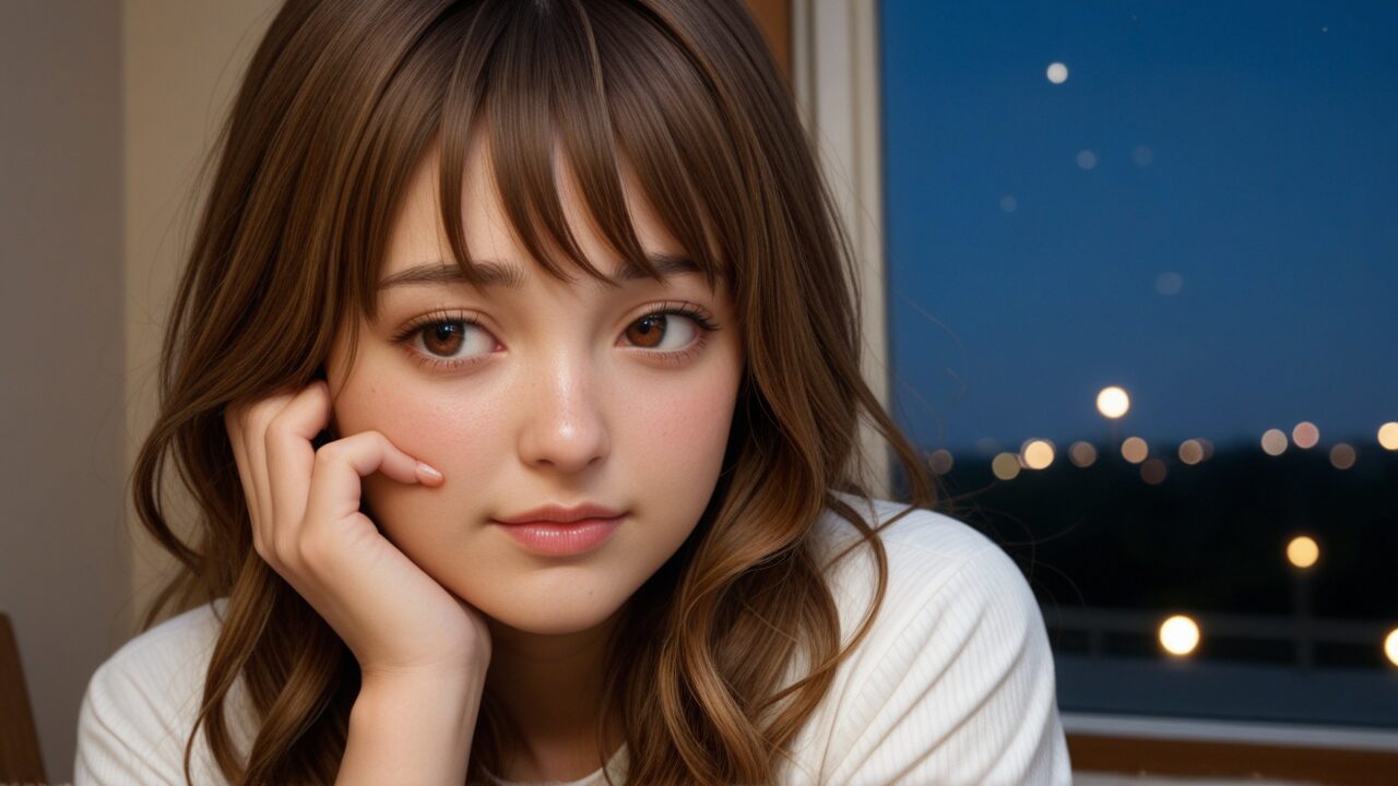 恋愛に疲れて気持ちを整理できず、夜に静かに考え込む女性