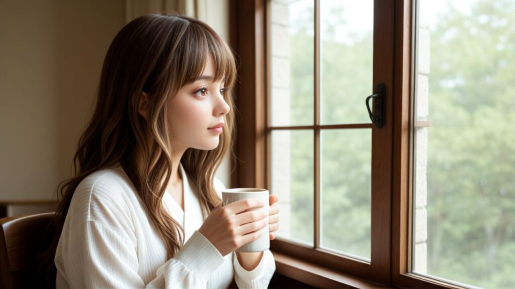 恋愛に疲れた心を整えるために、窓辺で静かに気持ちを落ち着ける女性