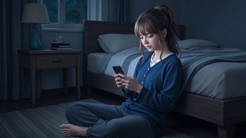 恋愛に疲れて、夜の部屋でスマホを見ながら一人で考え込む女性
