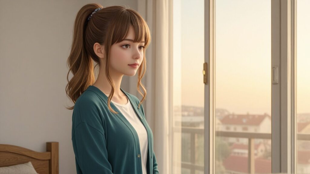 恋愛に疲れた気持ちが少し落ち着き、窓辺のやわらかい光の中で静かにたたずむ女性