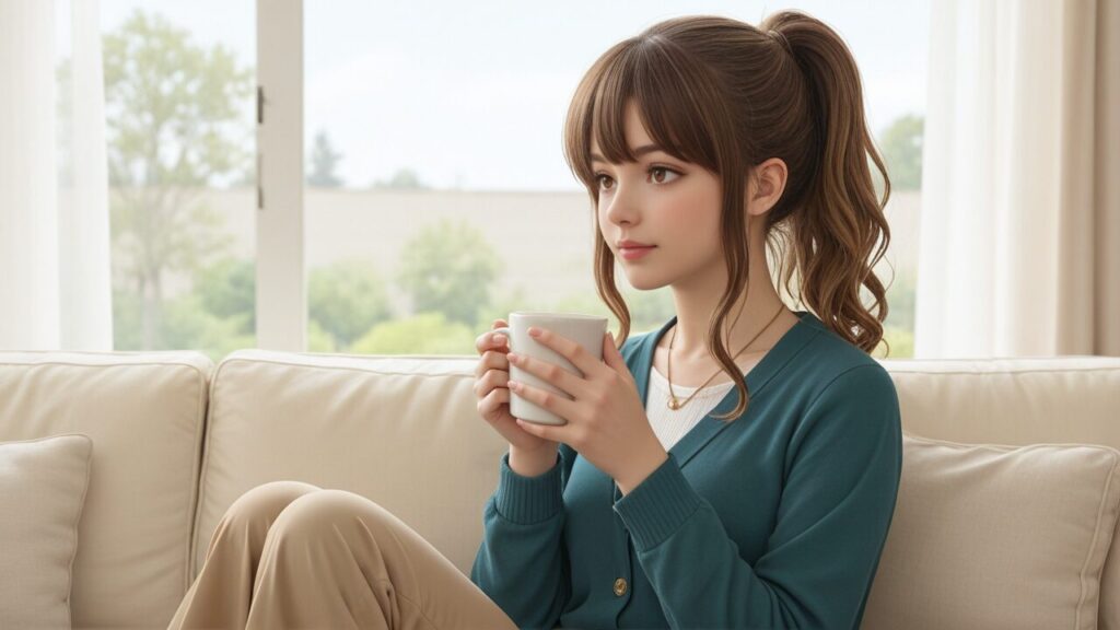 恋愛に疲れた心を整えるために、明るい部屋で温かい飲み物を持ちながら静かに過ごす女性
